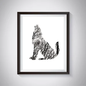 Animal Silhouette with Black and White Photo of Trees Art Prints