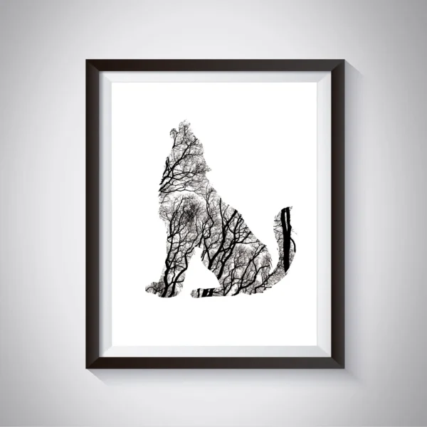 Animal Silhouette with Black and White Photo of Trees Art Prints