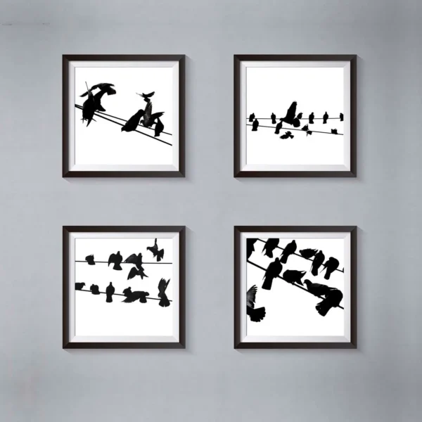 Birds on a Wire Black & White Photo Art Print Set of 4