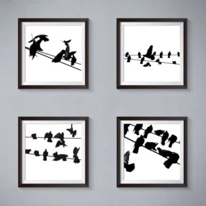 Birds on a Wire Black & White Photo Art Print Set of 4