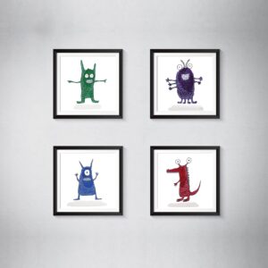 Cute little monsters, gender neutral kids room decor, 5x5 art prints