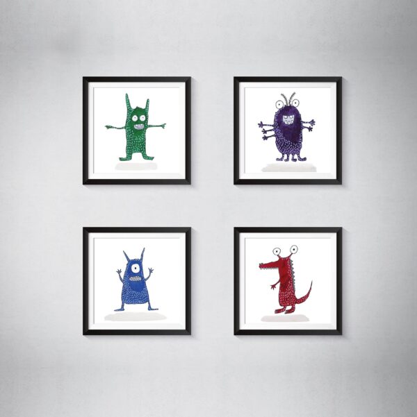 Cute little monsters, gender neutral kids room decor, 5x5 art prints