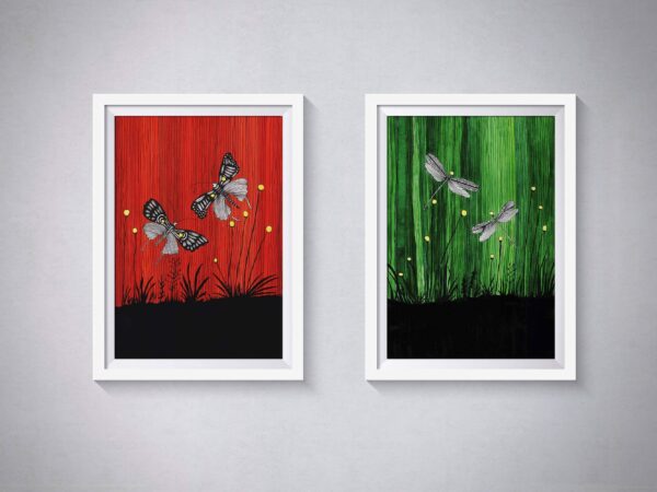 Pen & Ink Illustration Dragonfly - Butterfly Art Print Set of 2 - Image 4