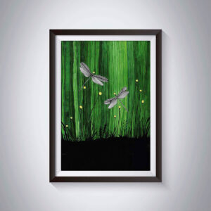 Pen & Ink Illustration Dragonfly Grass Silhouette Art Print
