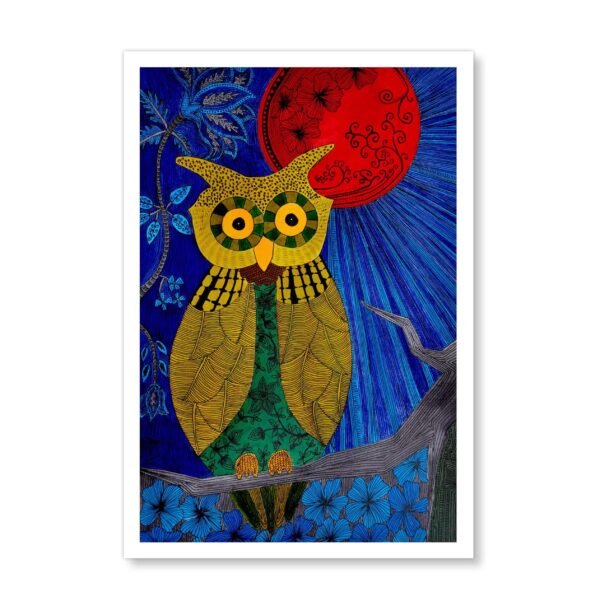 Pen & Ink Illustration Green Owl-Red Moon Art Print - Image 3