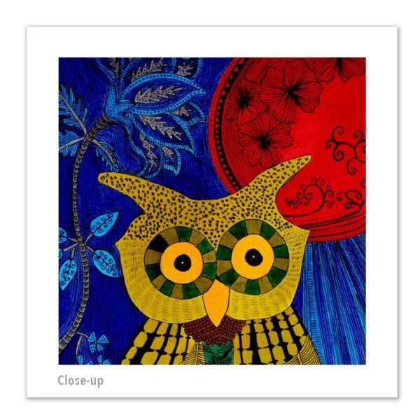 Pen & Ink Illustration Green Owl-Red Moon Art Print - Image 5