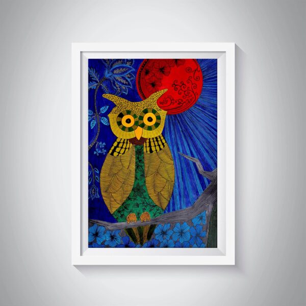 Pen & Ink Illustration Green Owl-Red Moon Art Print - Image 4