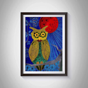 Pen & Ink Illustration Green Owl-Red Moon Art Print