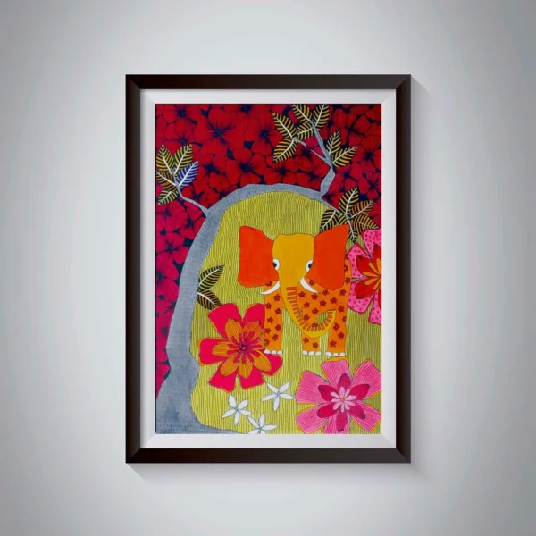 Pen & Ink Illustration Orange Elephant in Autumn Art Print