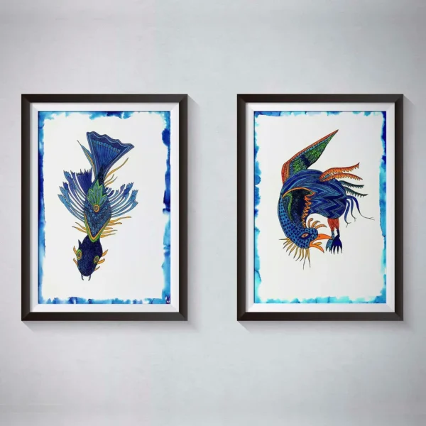 Pen and Ink Illustration Blue Bird & Fish Art Print Set of 2