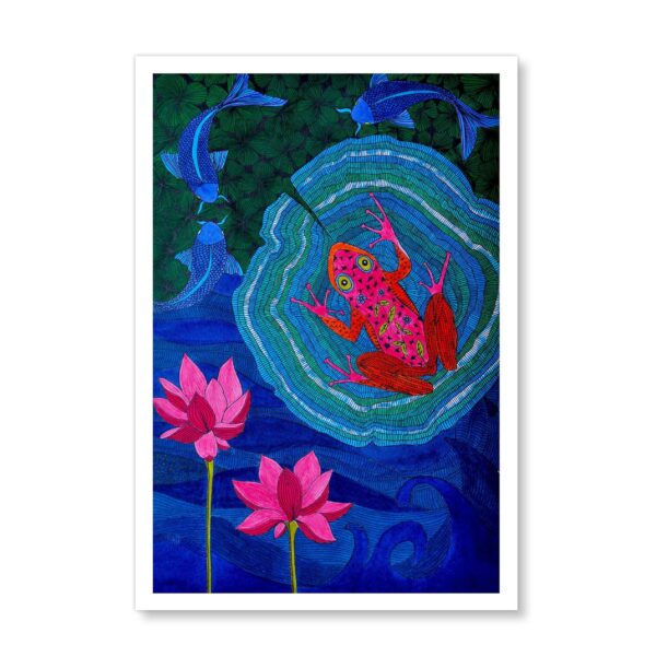 Pen and Ink Illustration Fuchsia Frog & Lotus Art Print - Image 3