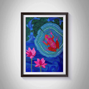 Pen and Ink Illustration Fuchsia Frog & Lotus Art Print