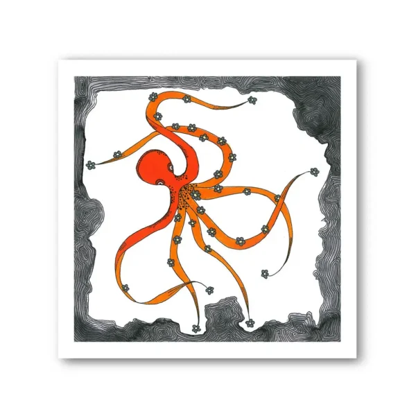 Pen and Ink Illustration Orange & Grey Octopus Art Print Set of 2 - Image 6