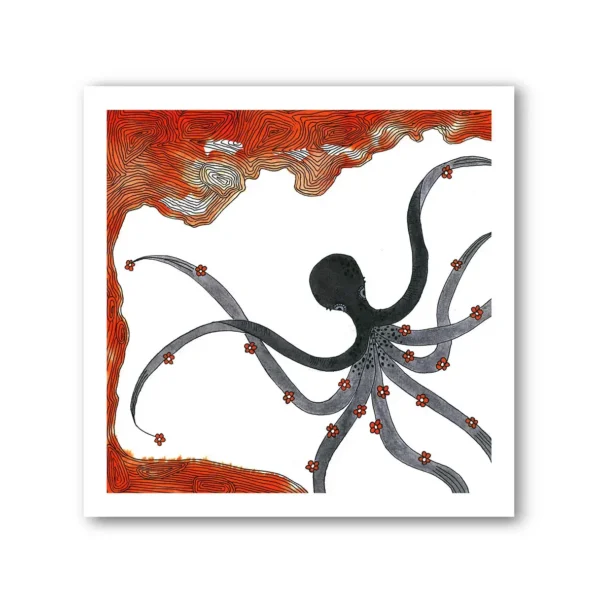 Pen and Ink Illustration Orange & Grey Octopus Art Print Set of 2 - Image 5
