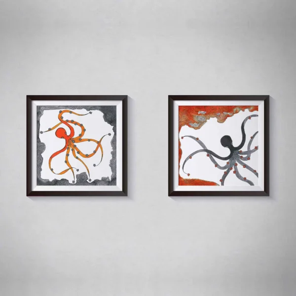 Pen and Ink Illustration Orange & Grey Octopus Art Print Set of 2