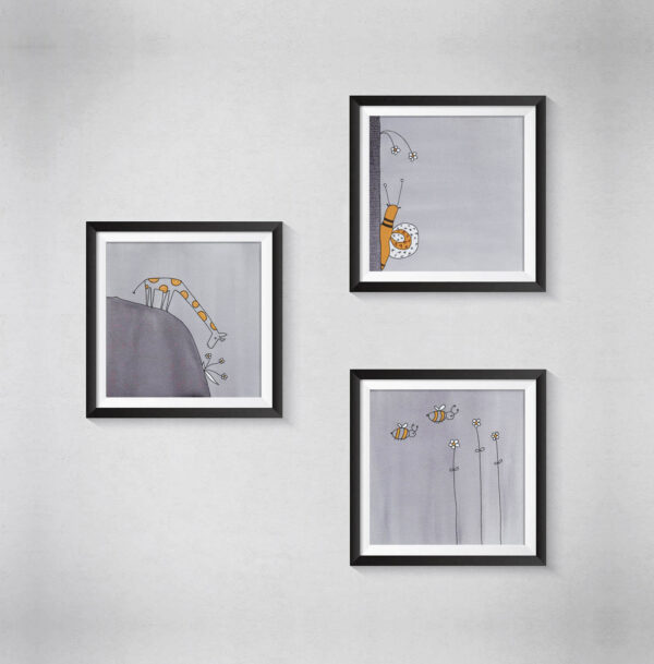 Pen and Ink Illustration Yearning Giraffe, Snail & Bee Art Print Set of 3
