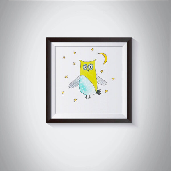 Pen and Ink Illustration Yellow Starry Owl & Giraffe Art Print Set of 2 - Image 6