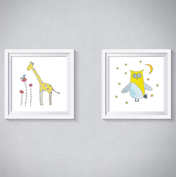 Pen and Ink Illustration Yellow Starry Owl & Giraffe Art Print Set of 2 - Image 5