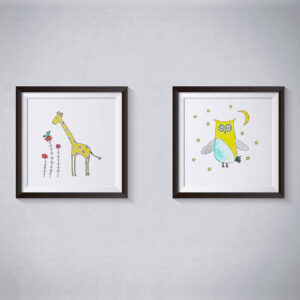 Pen and Ink Illustration Yellow Starry Owl & Giraffe Art Print Set of 2