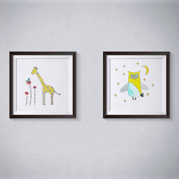 Pen and Ink Illustration Yellow Starry Owl & Giraffe Art Print Set of 2