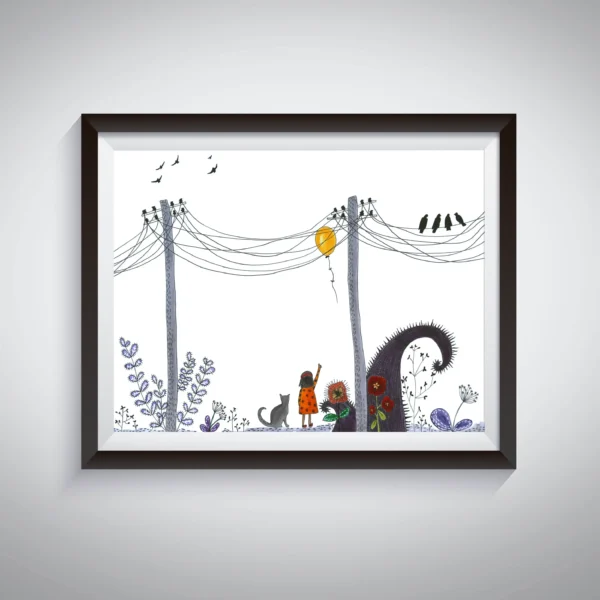 The little girl and her cat pen and ink illustration art print
